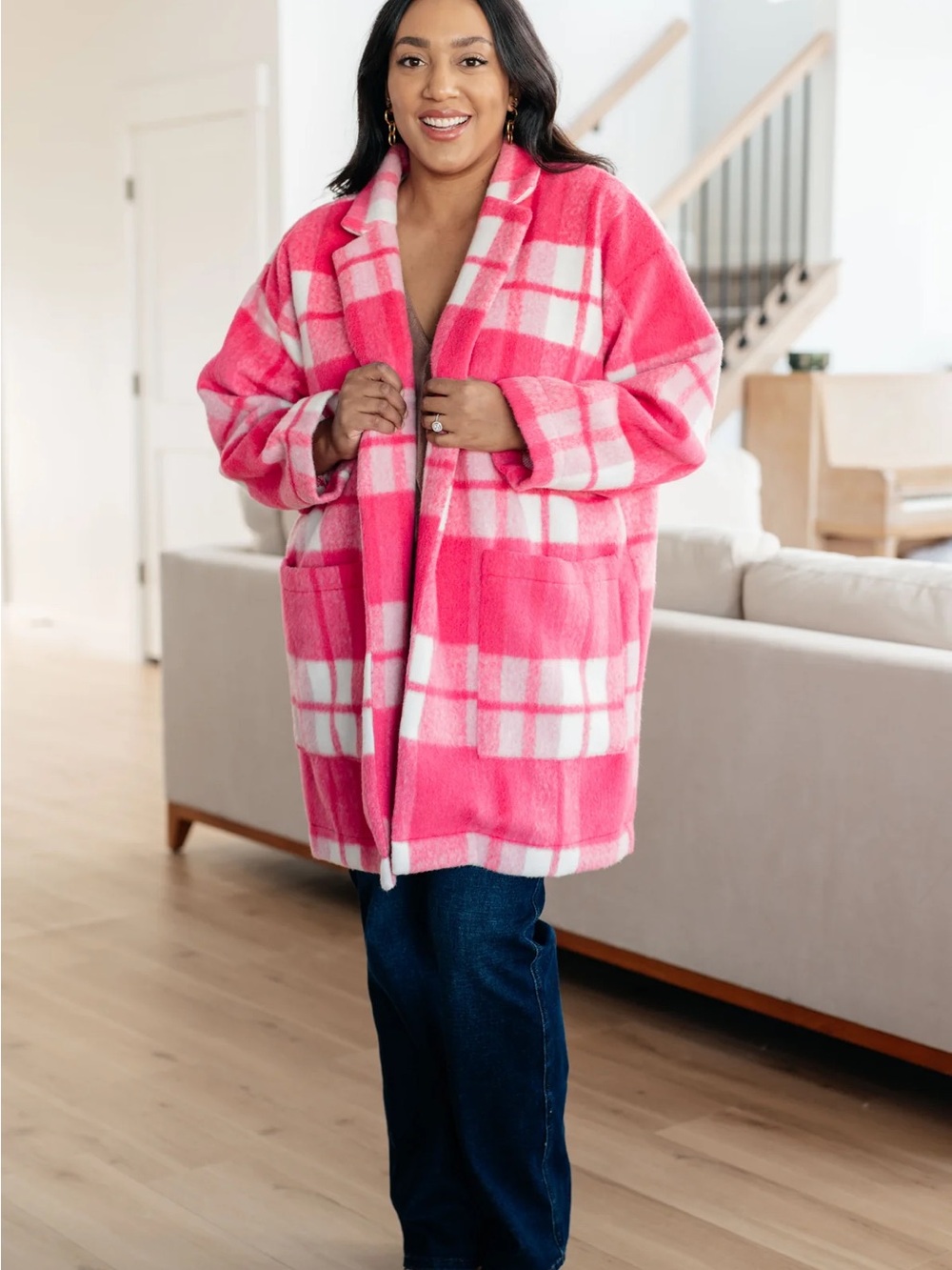 Pink Plaid Open-Front Women’s Coatigan Jacket